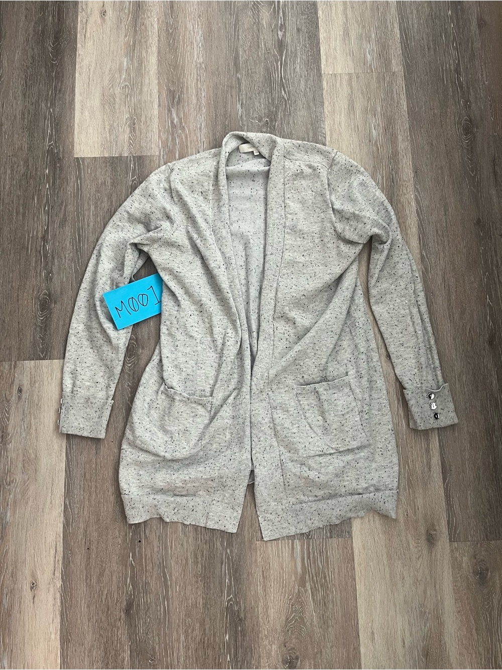 Verve Ami Cardigan Womens L Gray Speckled Open Front Long Pockets Button Cuff